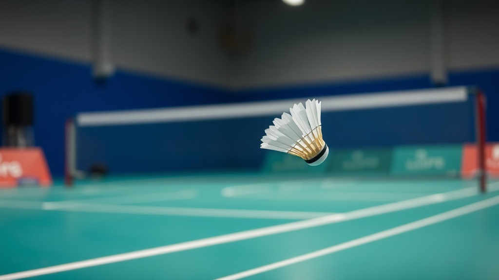 배드민턴 코트 위에서 셔틀콕이 비행하는 역동적인 모습