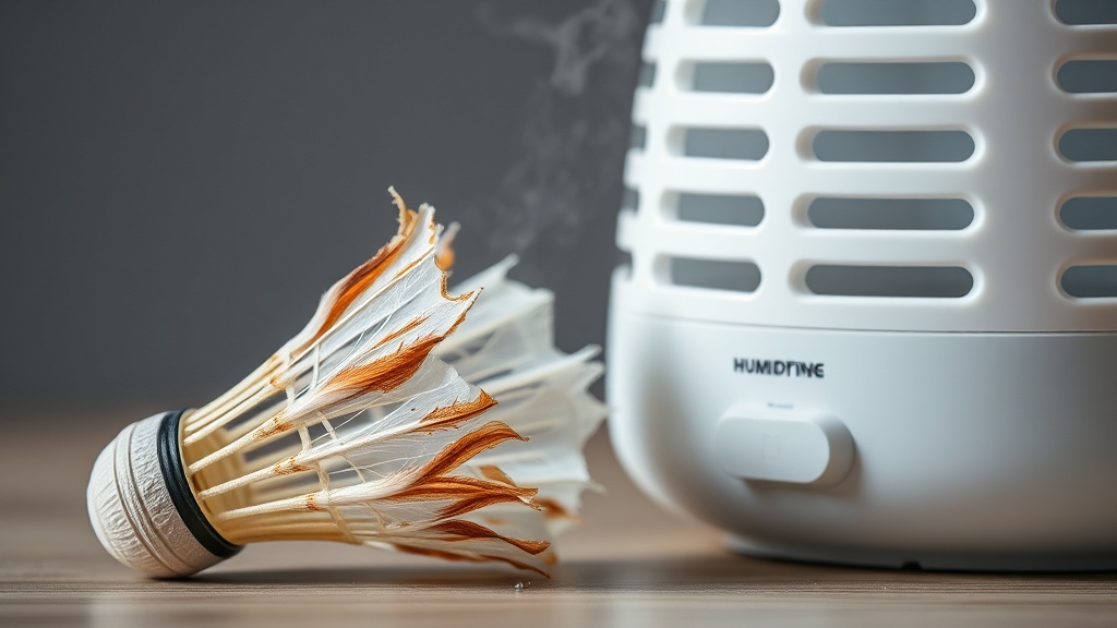 건조한 환경에서 깃털이 손상된 셔틀콕과 습도 조절 장치의 모습